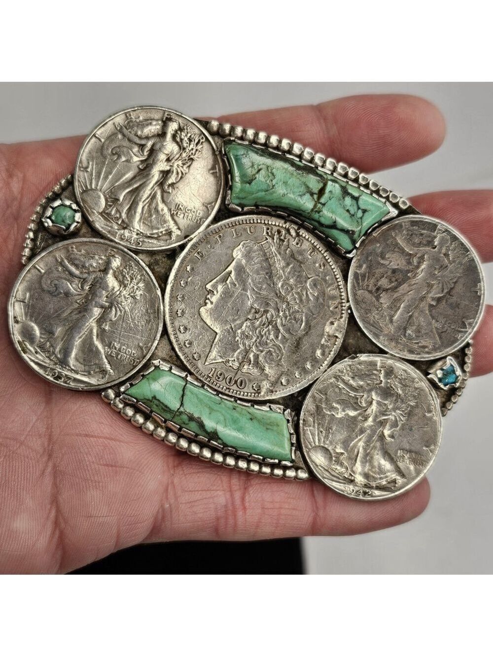 Navajo Sterling Silver Belt Buckle Morgan Dollar Walking Liberty Turquoise USA